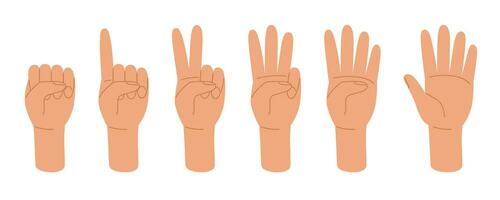 Set human hands gestures counting number zero, one, two, three, four, five. Vector illustration in doodle style