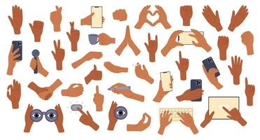 Big set hand gestures. Hands holding stuff. Signs, expressions with pointing fingers, clenched fists, open and greeting palms, showing peace sign, heart. Vector illustration in doodle style