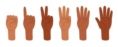 Set human hands gestures counting number zero, one, two, three, four, five. Vector illustration in doodle style