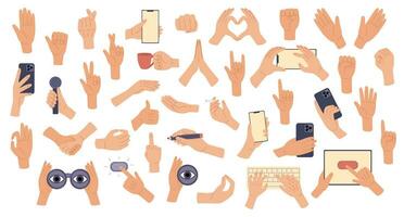 Big set hand gestures. Hands holding stuff. Signs, expressions with pointing fingers, clenched fists, open and greeting palms, showing peace sign, heart. Vector illustration in doodle style