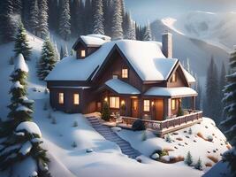 winter landscape. christmas house in the mountains photo