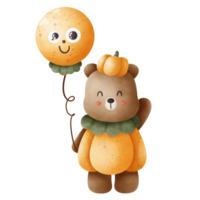 A cute brown bear wearing a halloween pumpkin costume and holding an orange balloon png