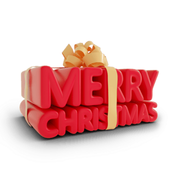 3d rendering of Merry Christmas text in the shape of gift box. Ribbon wrapped around red text isolated on transparent background. png