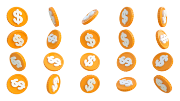 3D rendering of set of abstract US dollar coin concept in different angles. Dollar sign on coin design isolated on transparent background png