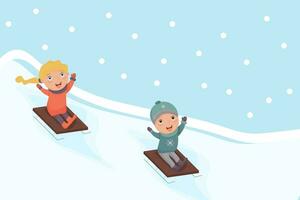 Girl and a boy are sledding down the mountain. Winter holidays. Vector illustration