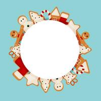 Christmas frame with a place for text and gingerbread sweets. Poster, postcard, label, background, banner on a round frame with sweets, cookies, lollipops. Vector illustration.