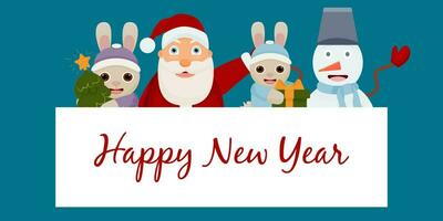 Happy New Year Santa Claus, rabbits, snowman with a big white banner. Christmas companions with a large sign. vector