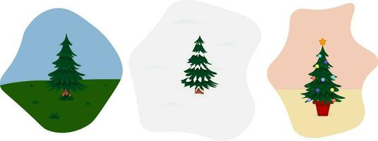 Vector illustration of a set of Christmas trees of different seasons. Decorated Christmas tree in the room. Christmas tree in the winter forest. A Christmas tree in a green forest.