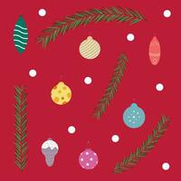 Vector set of Christmas balls and Christmas tree branches. Different toys for the Christmas tree.