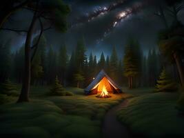 camping tent with bonfire and forest on night sky background. photo