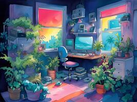 computer in the interior with plants, flowers and plants. computer game with a video game. photo
