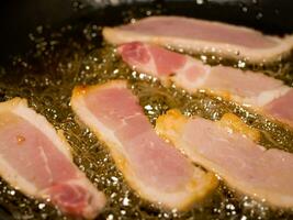 fried bacon in a frying pan. close up photo