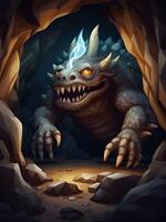 cartoon fantasy character of monster with a glowing eye in the dark cave. photo