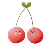 Watercolor illustration of cute cherry fruit character png