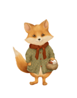 drawing of a cute red fox in autumn clothes, postcard for children png