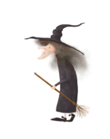 Old Witch with a broom in a black hat and black dress png