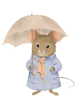 Drawing of a cute little mouse in a blue coat under an umbrella png