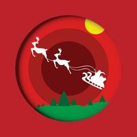 Merry Christmas and Happy New Year Concept Winter landscape in red circle decorated with Christmas tree, moon, reindeer and Santa Claus. Paper art vector illustration.