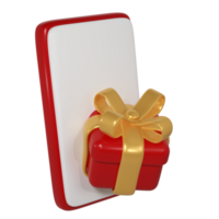 3d röd jul gåva låda ikon med gyllene band rosett och smartphone. framställa modern Semester. realistisk ikon för närvarande handla baner eller affisch png