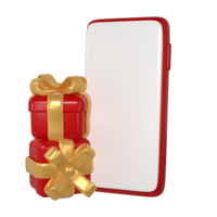 3d röd jul attrapp gåva lådor ikon med gyllene band rosett och smartphone. framställa modern Semester. realistisk ikon för närvarande handla baner eller affisch png