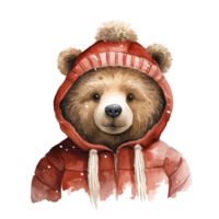 Bear Wearing Winter Clothes For Christmas Event. Watercolor Style. AI Generated png