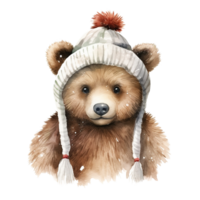 Bear Wearing Winter Clothes For Christmas Event. Watercolor Style. AI Generated png