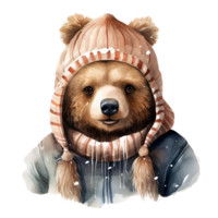 Bear Wearing Winter Clothes For Christmas Event. Watercolor Style. AI Generated png