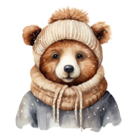 Bear Wearing Winter Clothes For Christmas Event. Watercolor Style. AI Generated png