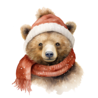 Bear Wearing Winter Clothes For Christmas Event. Watercolor Style. AI Generated png