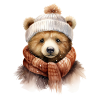 Bear Wearing Winter Clothes For Christmas Event. Watercolor Style. AI Generated png