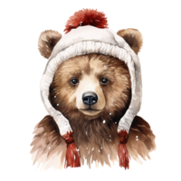 Bear Wearing Winter Clothes For Christmas Event. Watercolor Style. AI Generated png