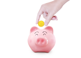 Hand puts gold coins into a piggy bank PNG transparent