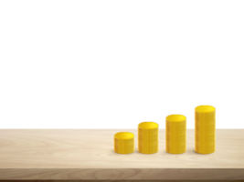 Stacks of gold coins in a row on a wooden table Isolated PNG transparent