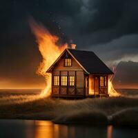 Object of smoldering fire and smoke burning one of the houses, great to use for business, company, news, social media, template, wallpaper etc. The concept of generative Ai photo