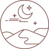 öken- boho logotyp med berg och måne landskap. bohemisk natt dal. abstrakt estetisk design. cirkel översikt resa grafisk dekoration png