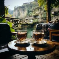 varios tazas de té y café en mesa disfrutando calentar bebida con cascada fondo, genial para yo cicatrización, ánimo, relajarse, social medios de comunicación, negocio, compañía. imagen de generativo ai foto