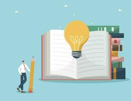 Learning and gaining new knowledge to create innovations, developing intelligence and logic to find new opportunities, wisdom to achieve goals and success, man stands near open book with a light bulb. vector