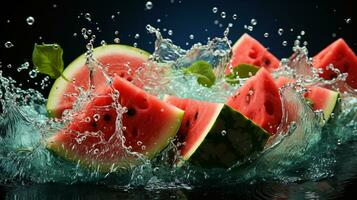 Fresh pieces of water melon falling in water with splash. Ai Generative photo