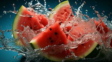 Fresh pieces of water melon falling in water with splash. Ai Generative photo