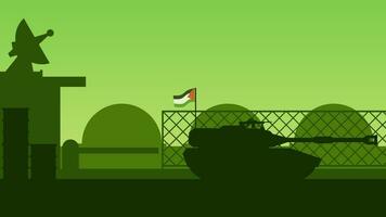 Military palestine landscape vector illustration. Silhouette of palestine military base with tank. Palestine illustration for background, wallpaper, issue and conflict