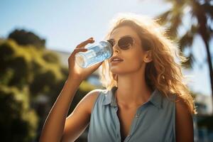 hermosa joven mujer en Gafas de sol Bebiendo agua desde un el plastico botella generativo ai foto