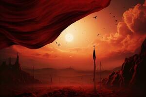 fantasía paisaje con montañas y rojo cielo. 3d ilustración. muharram mes concepto generativo ai foto