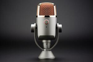 Photo of 3d rendering of a microphone on a gray background. Studio shot. broadcast, radio, speak, sing, voice, mic and speech concept Generative AI