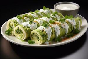 Photo of Pistachio Pavlova with Caramelized Peanut Sauce in plate Generative AI