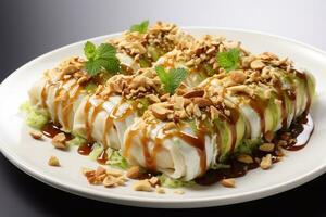 Pistachio Pavlova with Caramelized Peanut Sauce in plate Generative AI photo