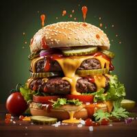 Big tasty hamburger with flying ingredients on wooden table on dark background Generative AI photo