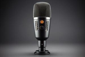 A shot of 3d rendering of a microphone on a gray background. Studio shot. broadcast, radio, speak, sing, voice, mic and speech concept Generative AI photo