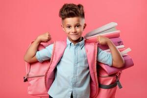 un imagen de alegre colegial con mochila y pila de libros en rosado antecedentes generativo ai foto