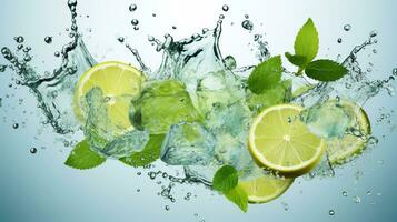 A picture of Mojito with ice cubes and mint leaves in water splash on light background Generative AI photo