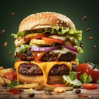 A picture of Big tasty hamburger with flying ingredients on wooden table on dark background Generative AI photo